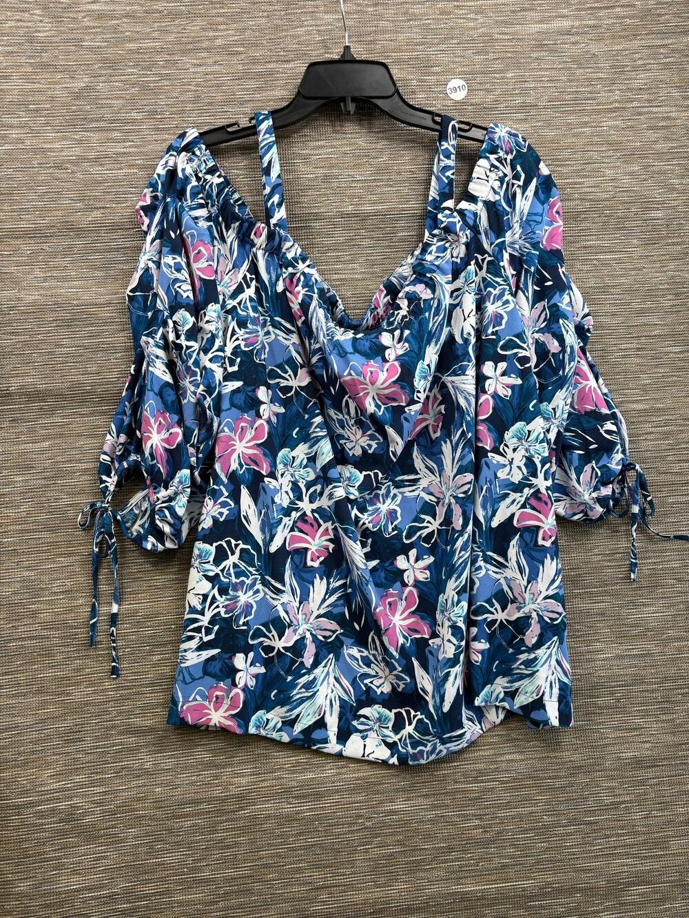 Lane Bryant Blouse Womens 26/28 Blue Floral Off Shoulder Cold Shoulder Tunic Top